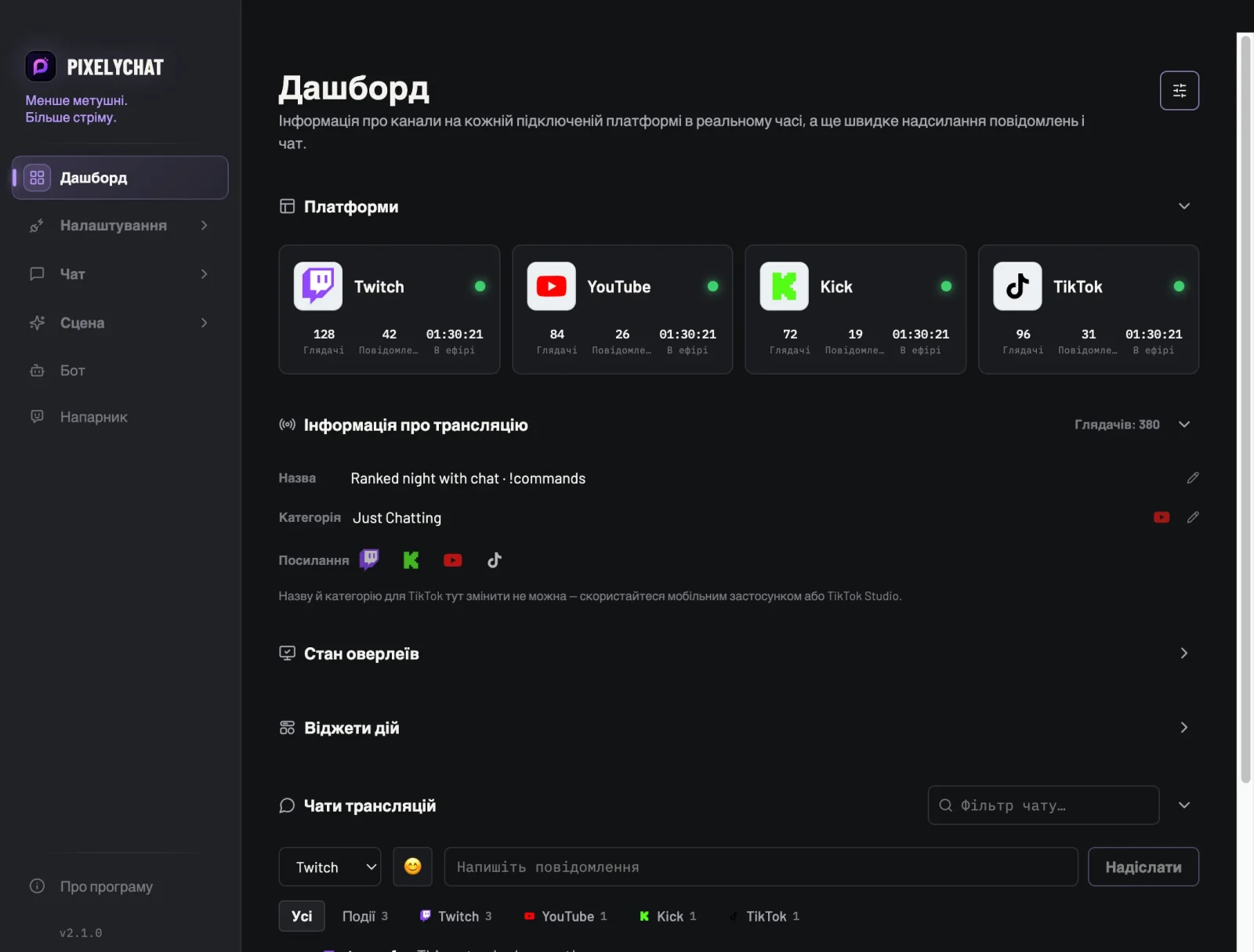Дашборд PixelyChat із підключеними платформами та спільним чатом