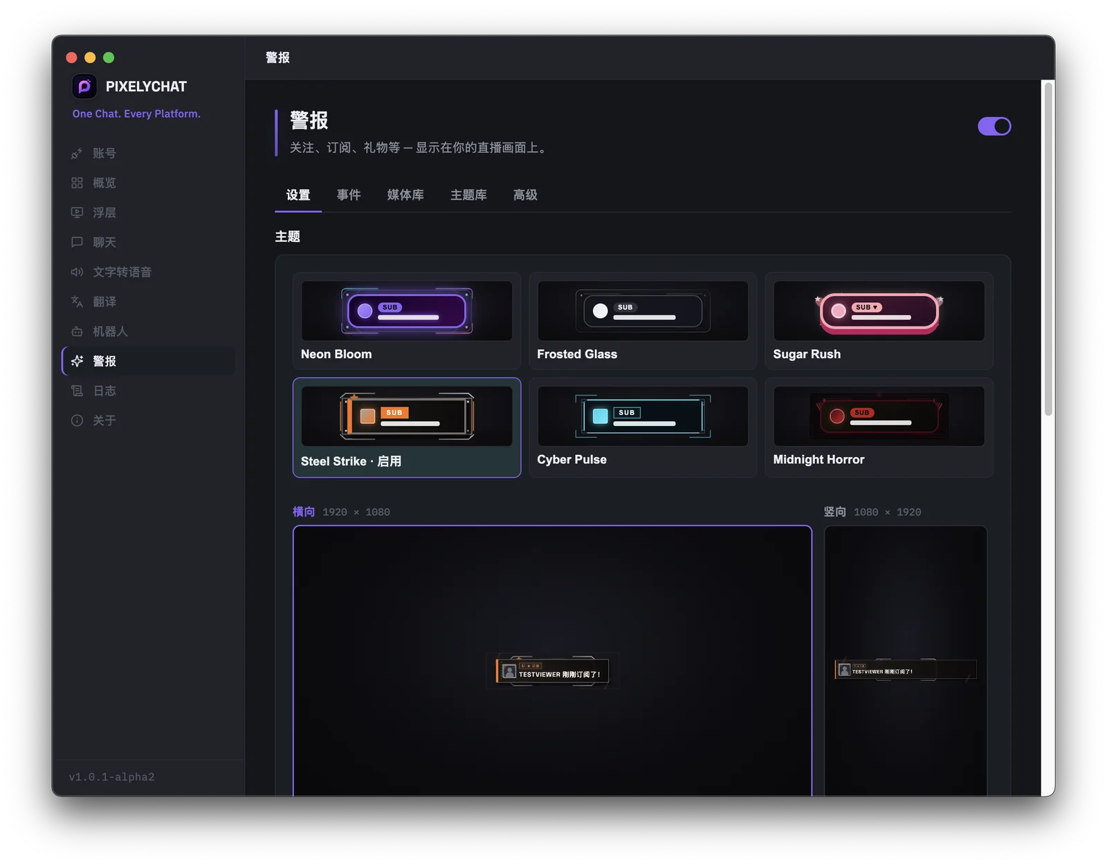 PixelyChat 提醒设置，展示适用于 Twitch、YouTube、Kick 和 TikTok 的主题化屏幕事件提醒