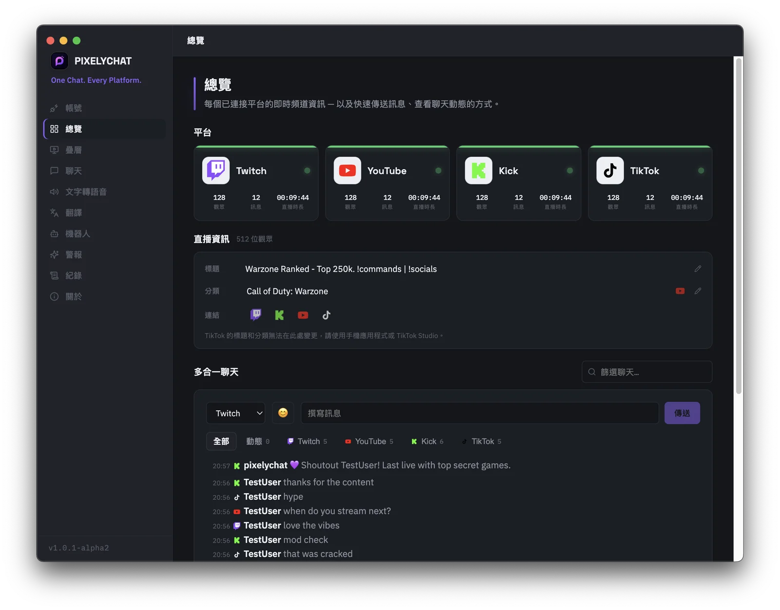 PixelyChat 儀表盤展示 Twitch、YouTube、Kick 和 TikTok 聊天匯聚在一個資訊流中